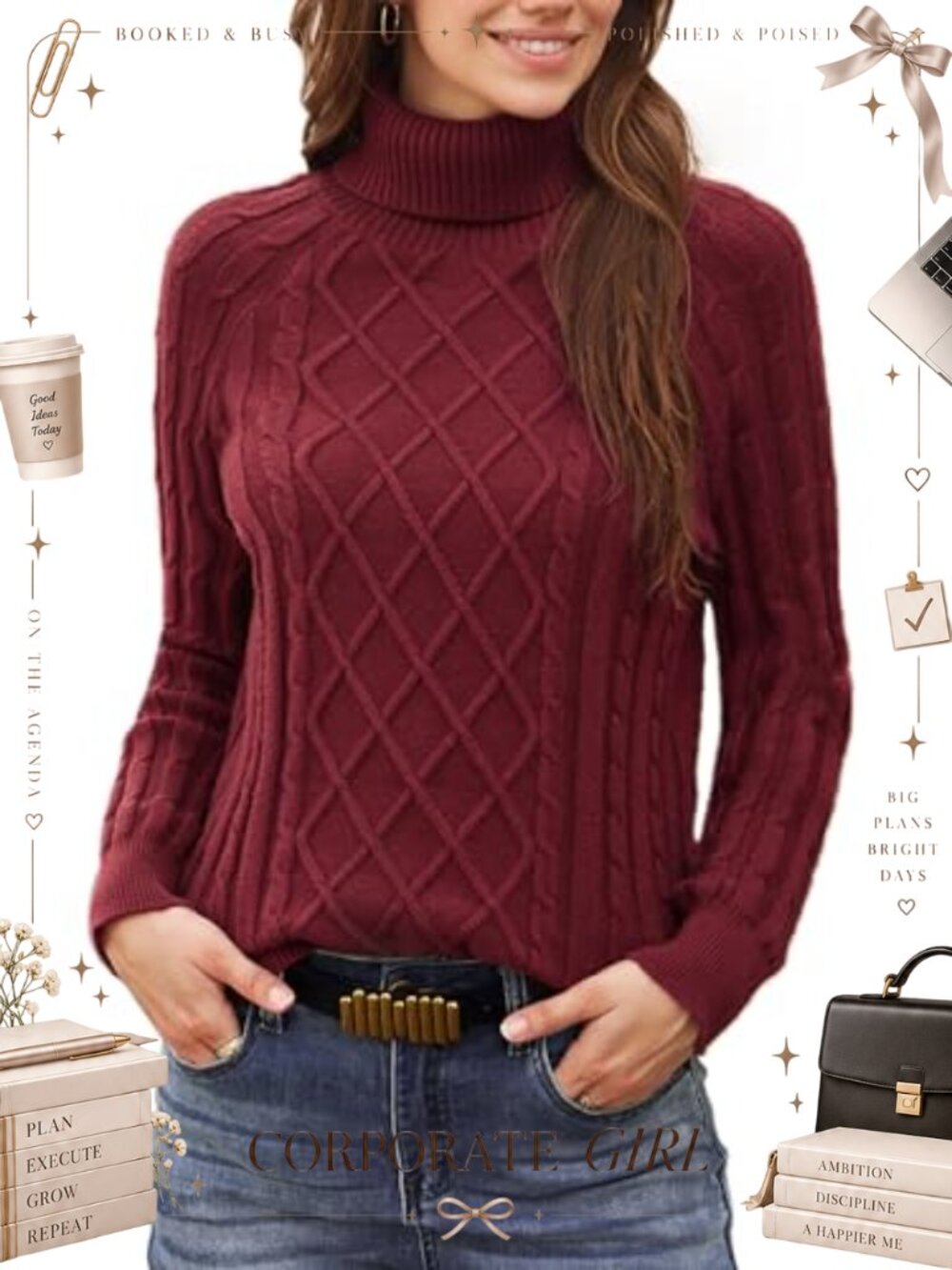 Women's Cable Knit Turtleneck Long Sleeve Fitted Pullover Sweater